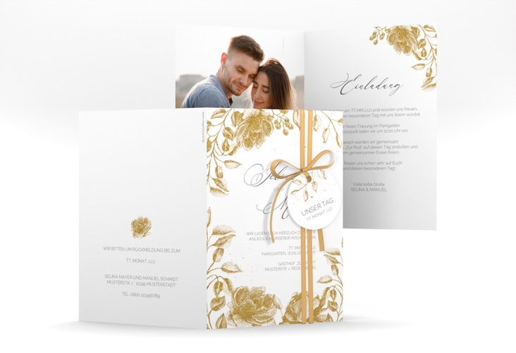 Einladungskarte Hochzeit Blattgold A6 Klappkarte hoch gold