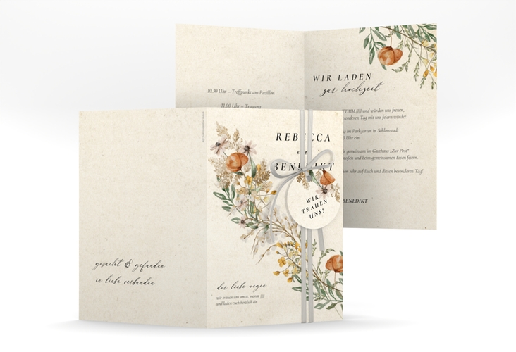 Einladungskarte Hochzeit Wildfang A6 Klappkarte hoch beige hochglanz mit getrockneten Wiesenblumen