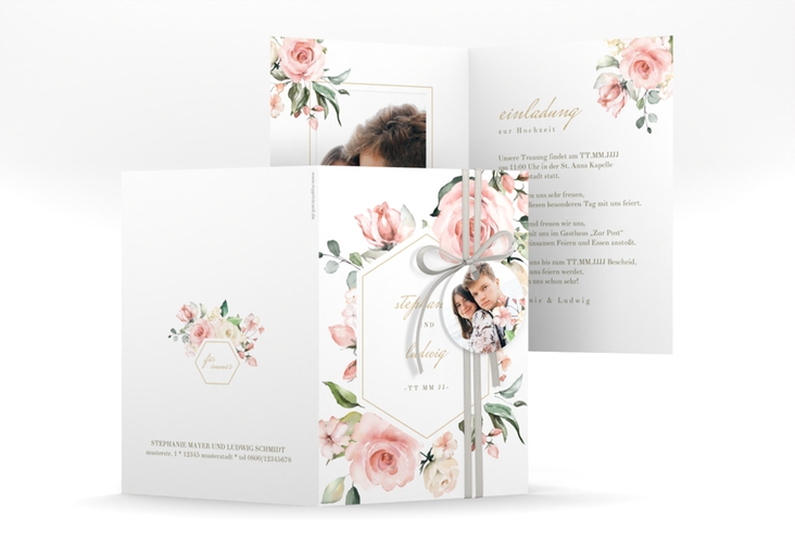 Einladungskarte Hochzeit Graceful A6 Klappkarte hoch weiss hochglanz mit Rosenblüten in Rosa und Weiß