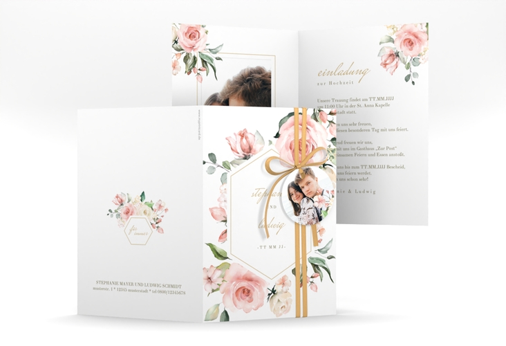 Einladungskarte Hochzeit Graceful A6 Klappkarte hoch weiss hochglanz mit Rosenblüten in Rosa und Weiß