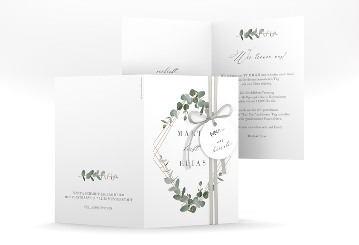 Einladungskarte Hochzeit Eukalyptus A6 Klappkarte hoch weiss hochglanz