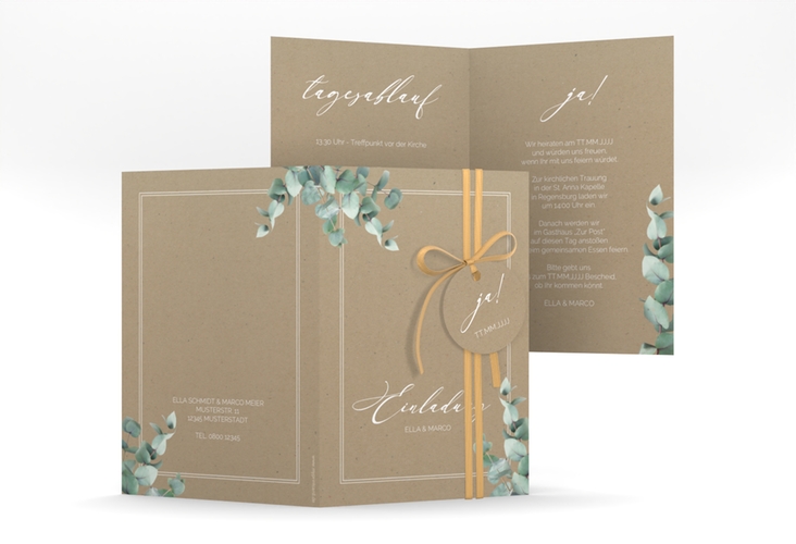 Einladungskarte Hochzeit Eucalypt A6 Klappkarte hoch Kraftpapier mit Eukalyptus und edlem Rahmen