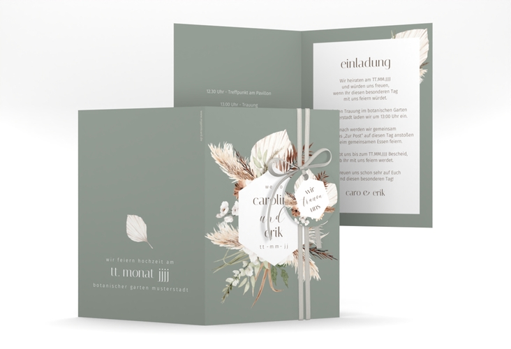 Einladungskarte Hochzeit Bohemian A6 Klappkarte hoch gruen mit Gräsern und Trockenblumen für Boho-Hochzeit