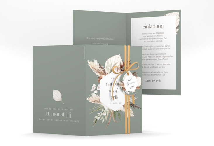 Einladungskarte Hochzeit Bohemian A6 Klappkarte hoch gruen mit Gräsern und Trockenblumen für Boho-Hochzeit