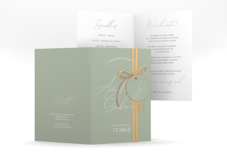 Einladungskarte Hochzeit Federschrift A6 Klappkarte hoch gruen in schlichtem Design mit Kalligrafie