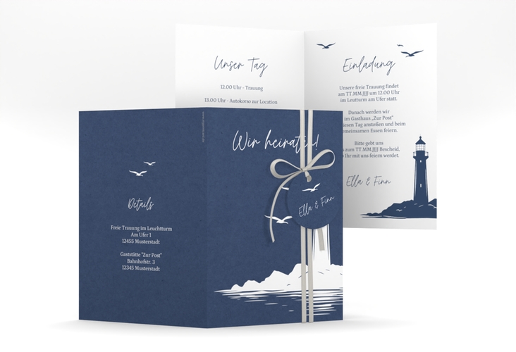 Einladungskarte Hochzeit Leuchtturm A6 Klappkarte hoch blau hochglanz