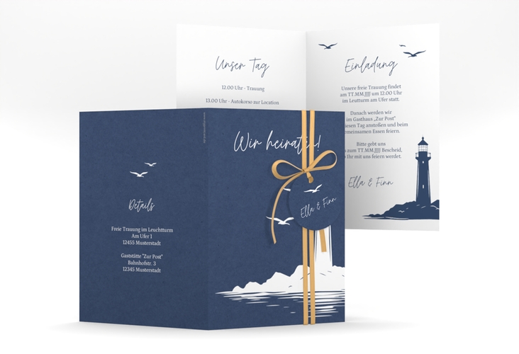 Einladungskarte Hochzeit Leuchtturm A6 Klappkarte hoch blau hochglanz