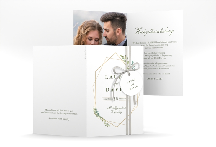 Einladungskarte Hochzeit Herbarium A6 Klappkarte hoch mit geometrischem Rahmen und Blätter-Dekor