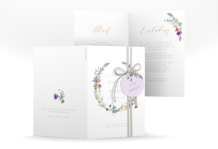 Einladungskarte Hochzeit Blumengarten A6 Klappkarte hoch bunt hochglanz mit Blumenkranz und Hummel