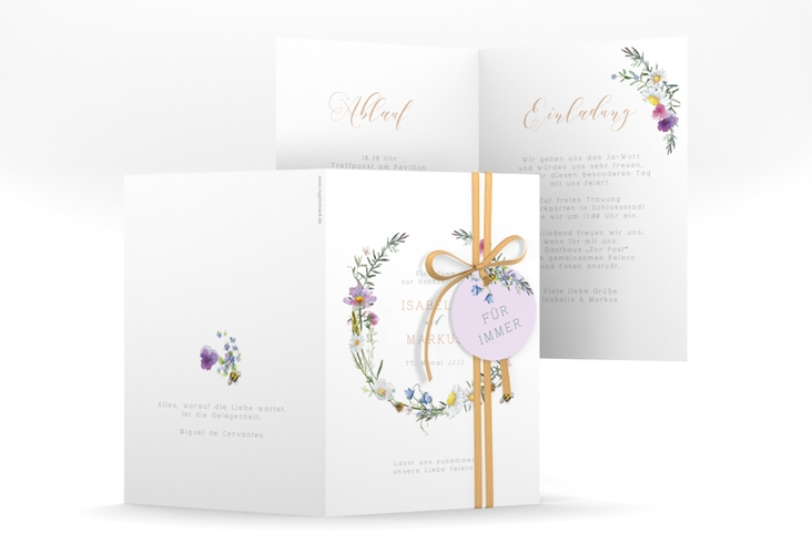 Einladungskarte Hochzeit Blumengarten A6 Klappkarte hoch bunt hochglanz mit Blumenkranz und Hummel