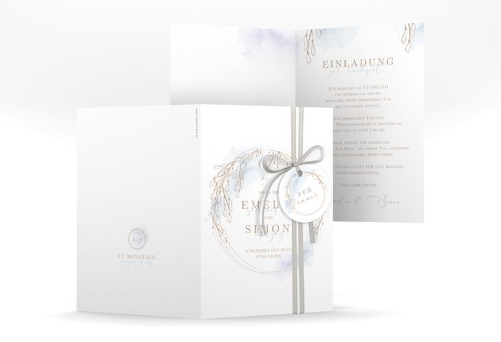 Einladungskarte Hochzeit Wisteria A6 Klappkarte hoch mit Blumenbogen aus Blauregen