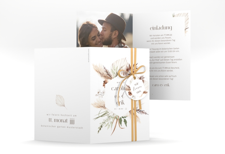Einladungskarte Hochzeit Bohemian A6 Klappkarte hoch weiss hochglanz mit Gräsern und Trockenblumen für Boho-Hochzeit