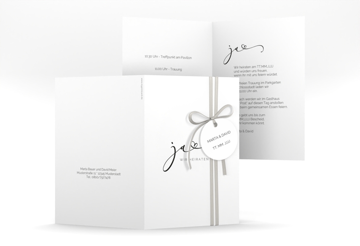 Hochzeitseinladung Jawort A6 Klappkarte hoch weiss hochglanz modern minimalistisch mit veredelter Aufschrift