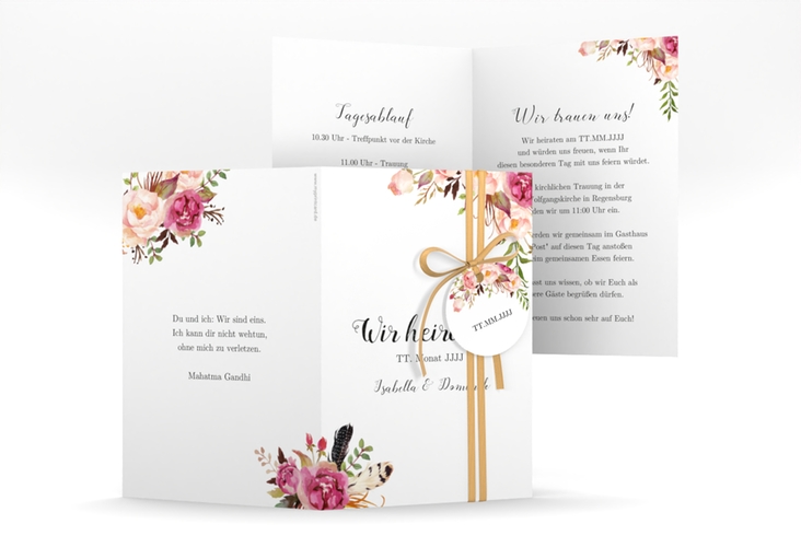 Einladungskarte Hochzeit Flowers A6 Klappkarte hoch weiss hochglanz mit bunten Aquarell-Blumen