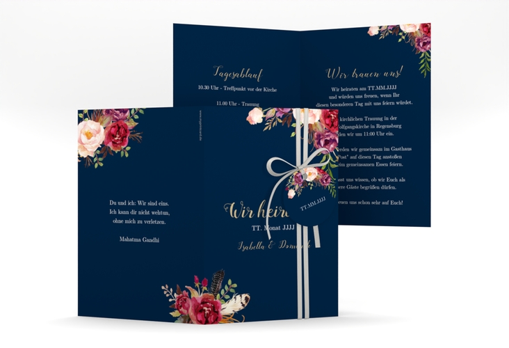 Einladungskarte Hochzeit Flowers A6 Klappkarte hoch blau hochglanz mit bunten Aquarell-Blumen