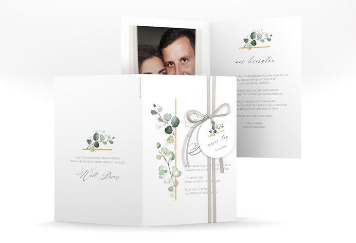 Einladungskarte Hochzeit Adelya A6 Klappkarte hoch weiss hochglanz elegant mit Eukalyptus-Motiv