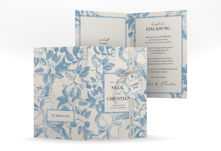 Einladungskarte Hochzeit Toile A6 Klappkarte hoch blau hochglanz mit Blättermuster im Toile-de-Jouy-Stil