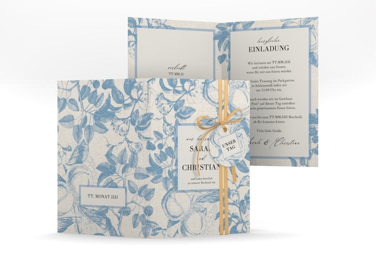 Einladungskarte Hochzeit Toile A6 Klappkarte hoch blau hochglanz mit Blättermuster im Toile-de-Jouy-Stil
