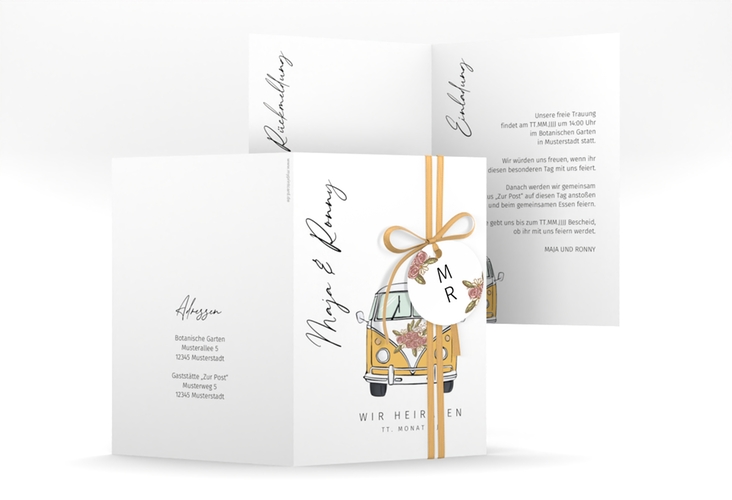 Einladungskarte Hochzeit Hochzeitsbulli A6 Klappkarte hoch mit Gräsern und Trockenblumen für Boho-Hochzeit