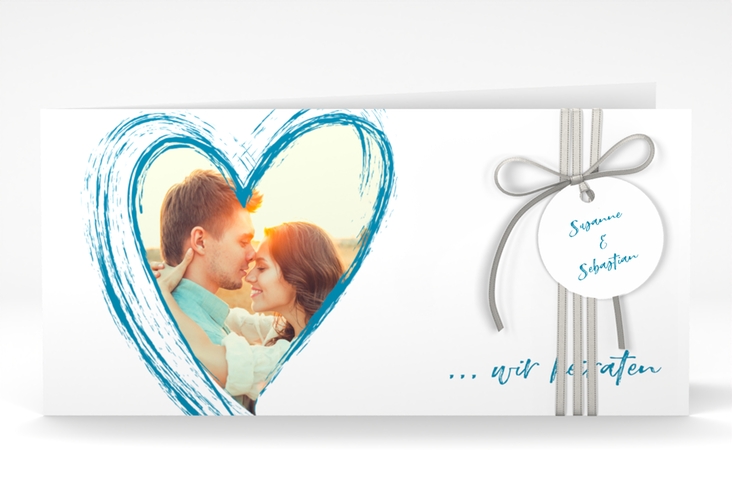 Hochzeitseinladung Liebe lange Klappkarte quer tuerkis