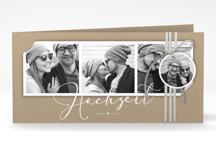 Hochzeitseinladung Crafty lange Klappkarte quer hochglanz mit drei Fotos