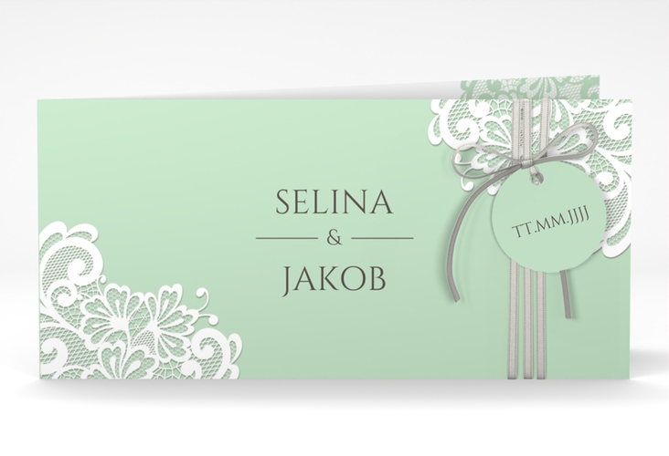 Hochzeitseinladung Vintage lange Klappkarte quer mint mit floraler Spitze