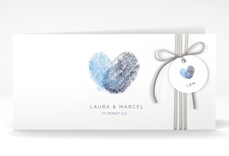 Hochzeitseinladung Fingerprint lange Klappkarte quer blau hochglanz schlicht mit Fingerabdruck-Motiv