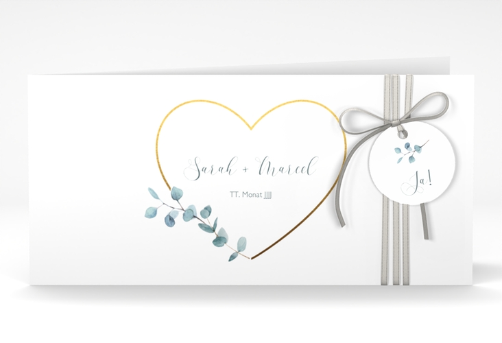 Hochzeitseinladung Greenheart lange Klappkarte quer gold hochglanz mit elegantem Herz und Eukalyptus-Zweig
