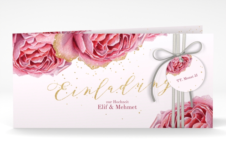 Hochzeitseinladung Cherie lange Klappkarte quer rosa hochglanz
