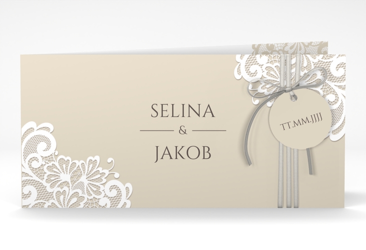 Hochzeitseinladung Vintage lange Klappkarte quer beige mit floraler Spitze
