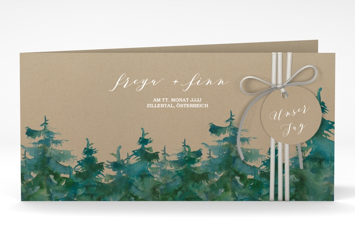Hochzeitseinladung Evergreen lange Klappkarte quer Kraftpapier hochglanz