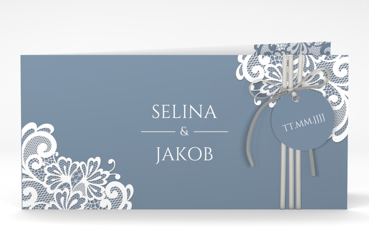 Hochzeitseinladung Vintage lange Klappkarte quer blau mit floraler Spitze