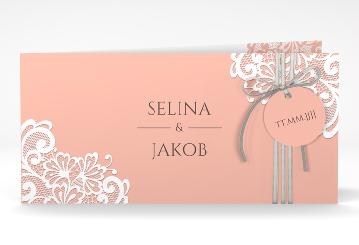 Hochzeitseinladung Vintage lange Klappkarte quer apricot mit floraler Spitze