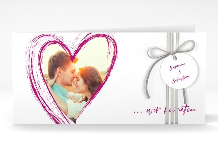 Hochzeitseinladung Liebe lange Klappkarte quer pink hochglanz