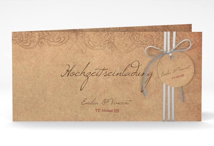 Hochzeitseinladung Fairytale lange Klappkarte quer braun mit Vintage-Bordüre