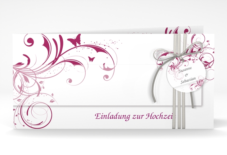 Hochzeitseinladung Palma lange Klappkarte quer pink hochglanz
