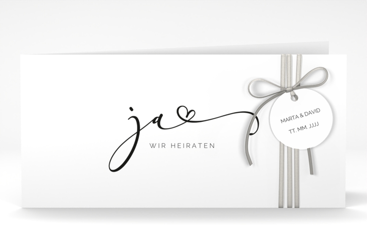 Hochzeitseinladung Jawort lange Klappkarte quer weiss hochglanz modern minimalistisch mit veredelter Aufschrift