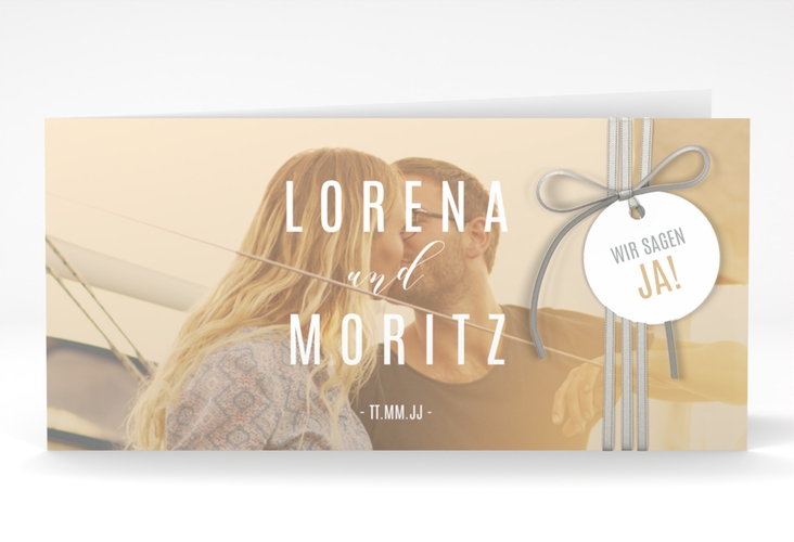 Hochzeitseinladung Memory lange Klappkarte quer beige