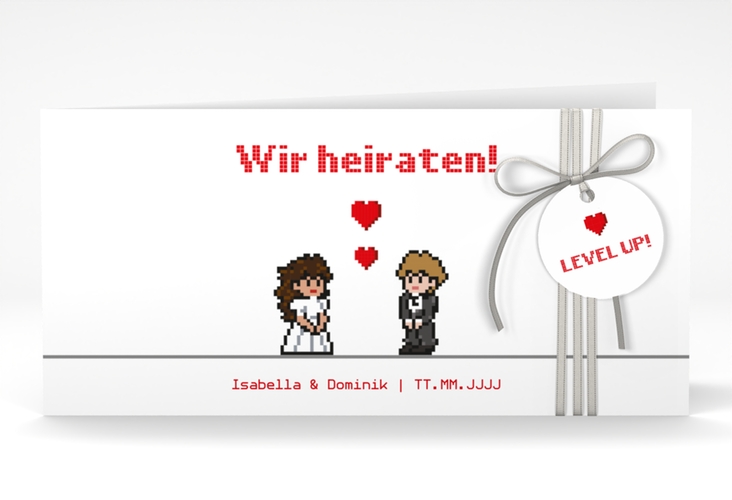 Hochzeitseinladung Pixel lange Klappkarte quer weiss hochglanz