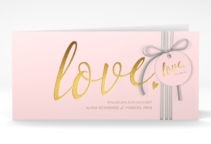 Hochzeitseinladung Glam lange Klappkarte quer rosa