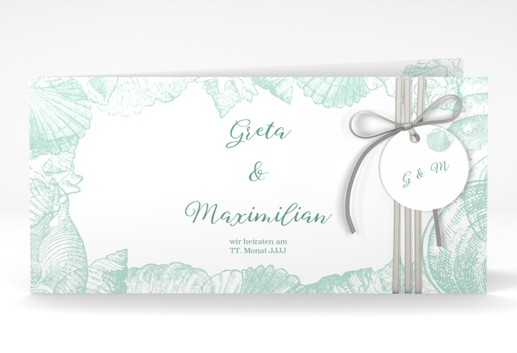 Hochzeitseinladung Muschelreich lange Klappkarte quer mint