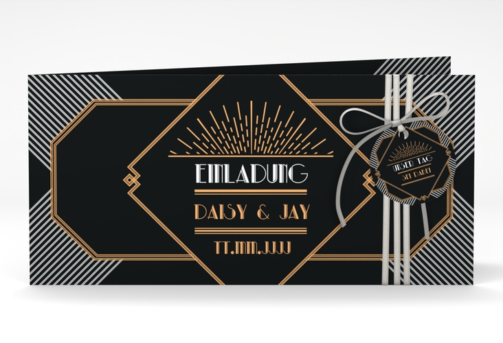 Hochzeitseinladung Gatsby lange Klappkarte quer schwarz im 20er-Jahre-Stil