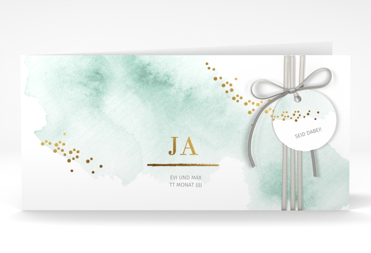 Hochzeitseinladung Pastell lange Klappkarte quer mint hochglanz