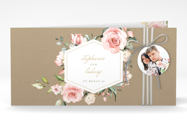 Hochzeitseinladung Graceful lange Klappkarte quer Kraftpapier hochglanz mit Rosenblüten in Rosa und Weiß