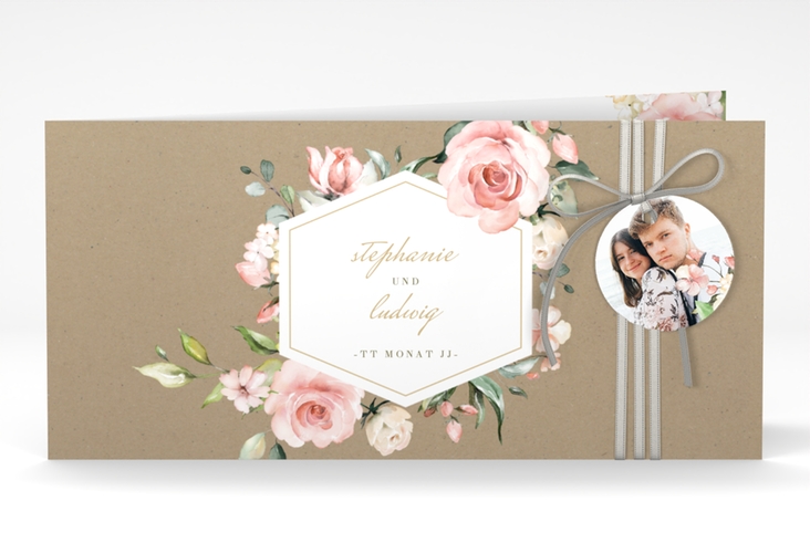 Hochzeitseinladung Graceful lange Klappkarte quer Kraftpapier mit Rosenblüten in Rosa und Weiß