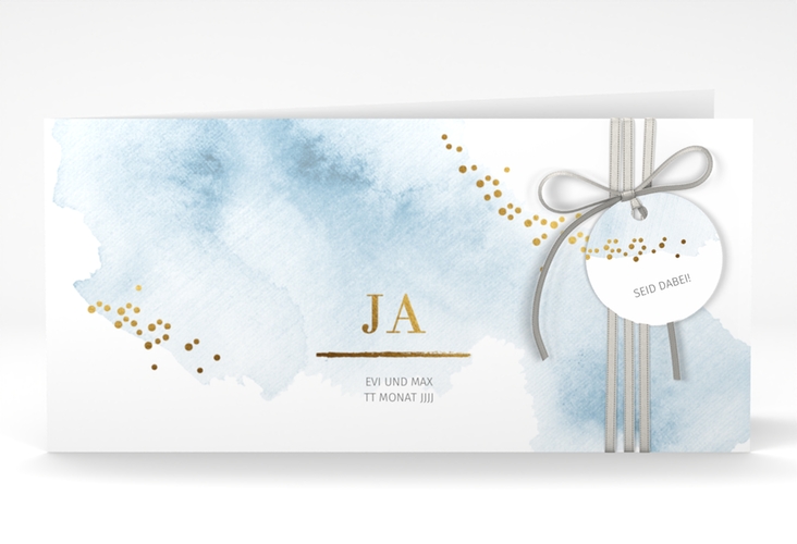 Hochzeitseinladung Pastell lange Klappkarte quer blau hochglanz