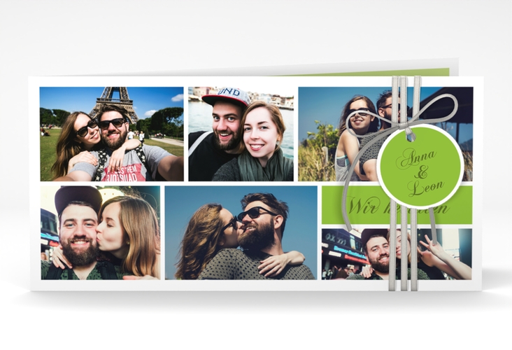 Hochzeitseinladung Collage lange Klappkarte quer gruen