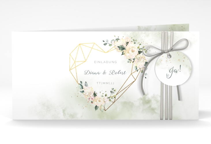 Hochzeitseinladung Adore lange Klappkarte quer gruen hochglanz