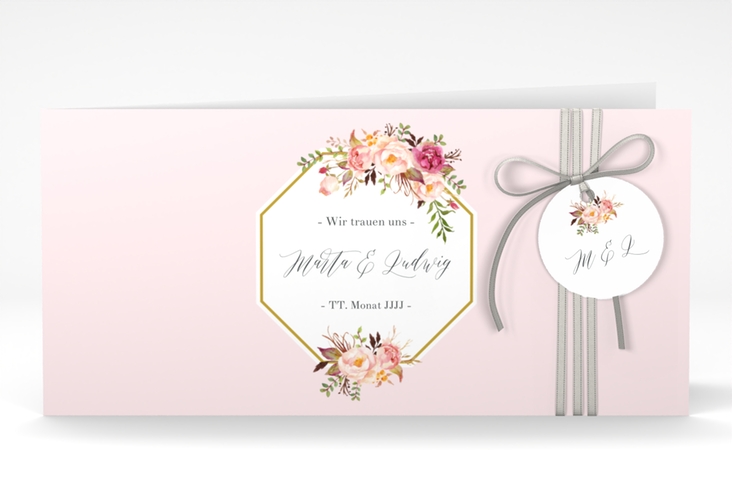 Hochzeitseinladung Prachtvoll lange Klappkarte quer rosa hochglanz