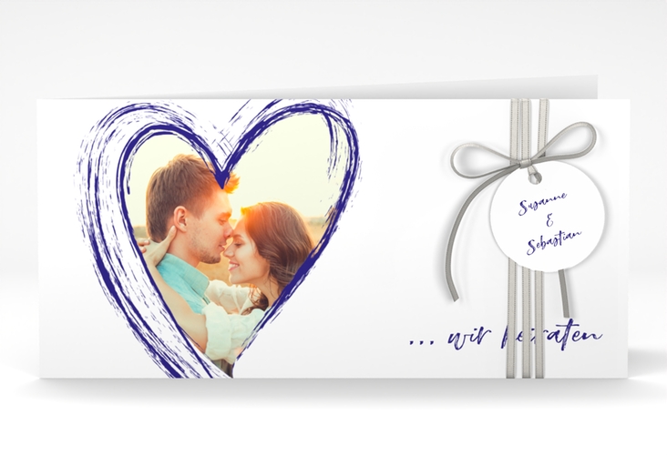 Hochzeitseinladung Liebe lange Klappkarte quer blau hochglanz